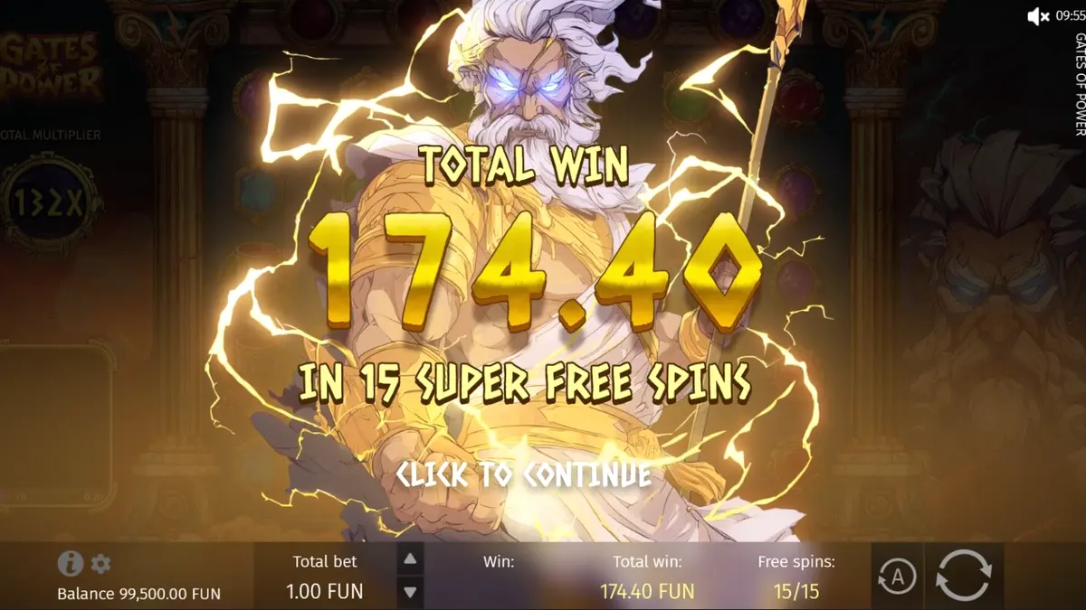 Pemandangan gerbang Olympus dalam slot Gates of Power dengan Zeus yang mengawasi gulungan.