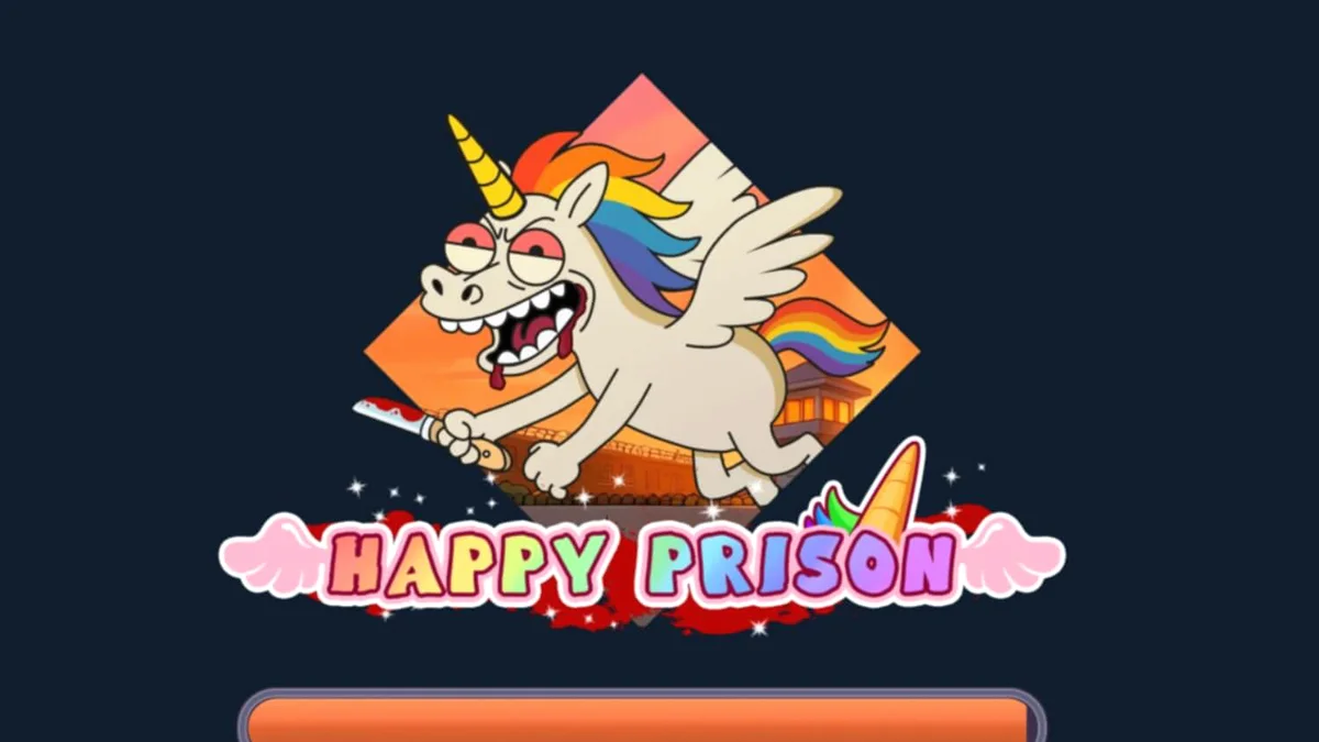 Tampilan visual slot Happy Prison dengan karakter kartun di balik jeruji besi