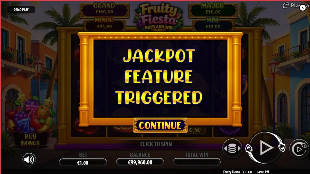 Tampilan visual slot Fruity Fiesta dengan simbol buah neon dan latar belakang karnaval