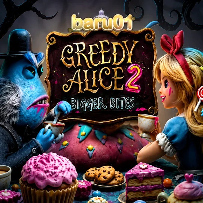 Tampilan visual slot Greedy Alice 2 Bigger Bites dengan tema Wonderland yang gelap